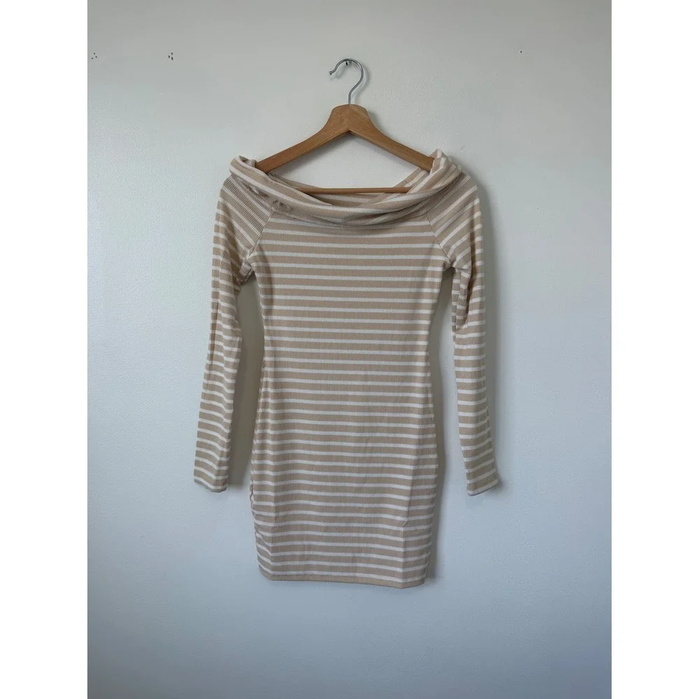 Iris Striped Off-the-Shoulder Mini Bodycon Dress – Taupe – Size large - Picture 2 of 6